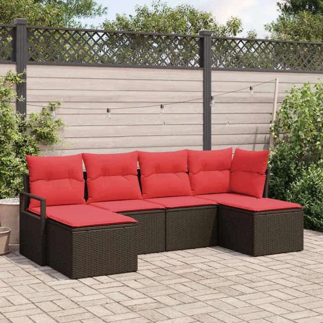 vidaXL Bankstel 6 st Bruin en Rood poly rattan