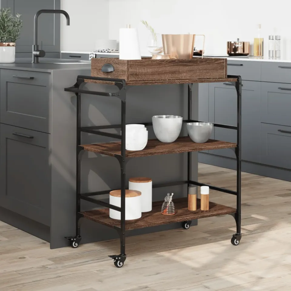 vidaXL Keukentrolley 81,5x41x92,5 cm bewerkt hout bruin eikenkleurig, foto 3
