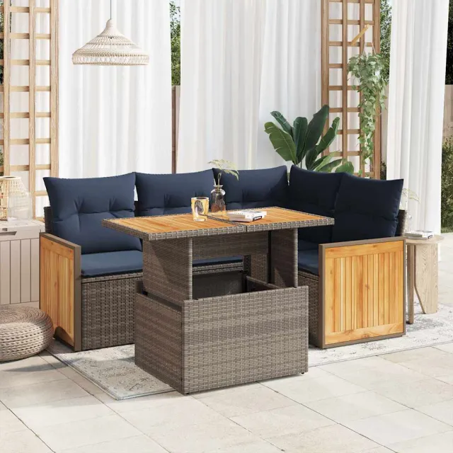 vidaXL 5-delige Loungeset met kussens poly rattan acacia grijs, foto 2