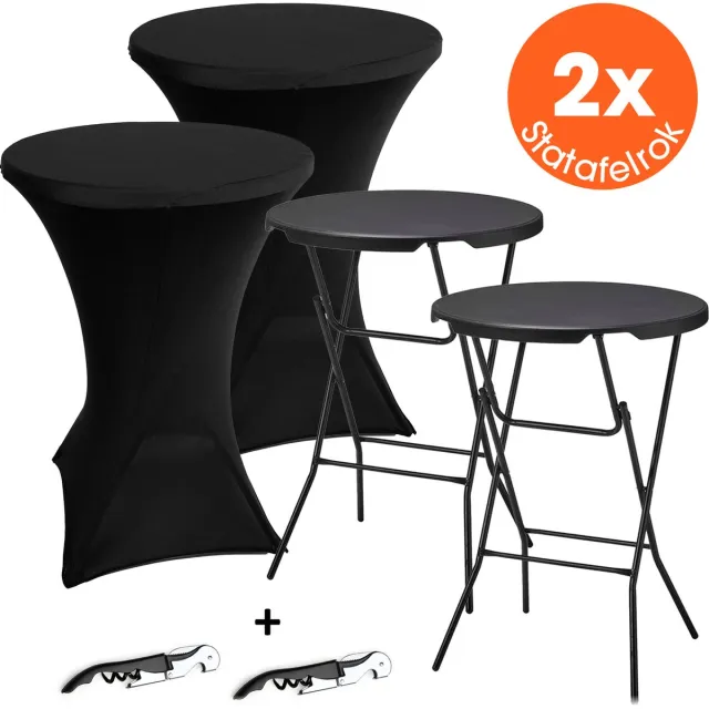 Lenx 2x Zwarte Statafel - Set van 2 - ø70x110 cm - Inclusief 2x Zwarte Statafelrok en 2x Wijnopener - Statafels - Inklapbaar - Cocktailtafel - Hoge Staan Tafel - Staantafel - Partytafel - Zwart zwart (2 stuks)