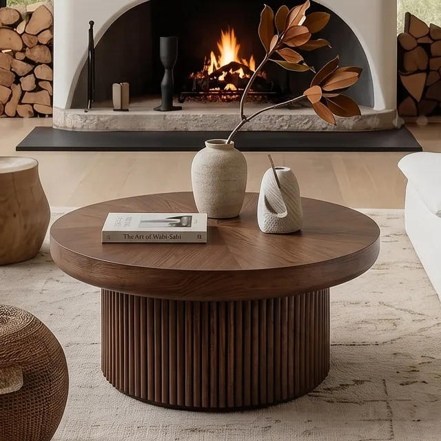 MIVRAY Salontafel - Ronde Tafel Met Parketlook Blad En Cilindervormige Voet - Voor Woonkamer En Kleine Ruimtes - Walnoot - 78x78x38,5 Cm