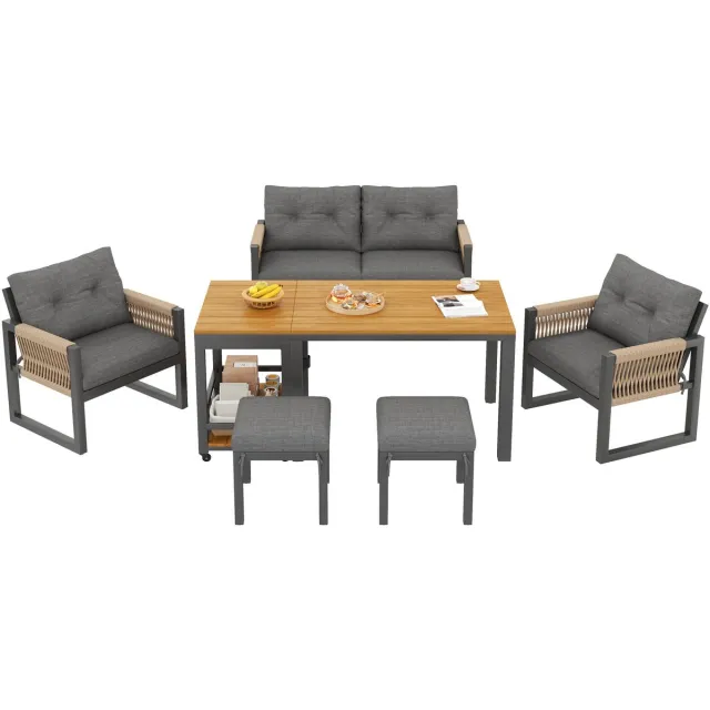 Clruro Loungeset - Meerdere Personen - Gevlochten Armleuningen - Met Multifunctionele Tafel - IJzer - Modern Grijs, Naturel