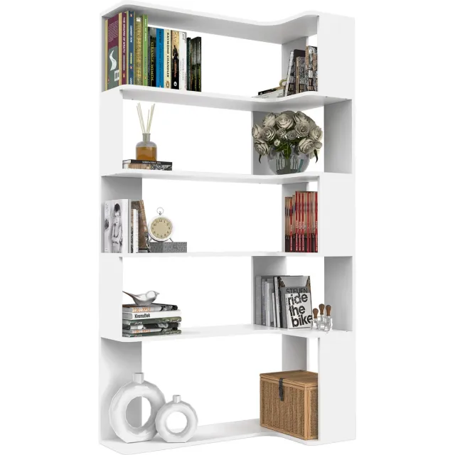 PIPIPOXER Boekenkast met 6-Laags - L-vormige Hoek Boekenkast Industrieel - Open Opbergplanken voor Woonkamer, Slaapkamer, Thuiskantoor - 90x48x169cm - Wit