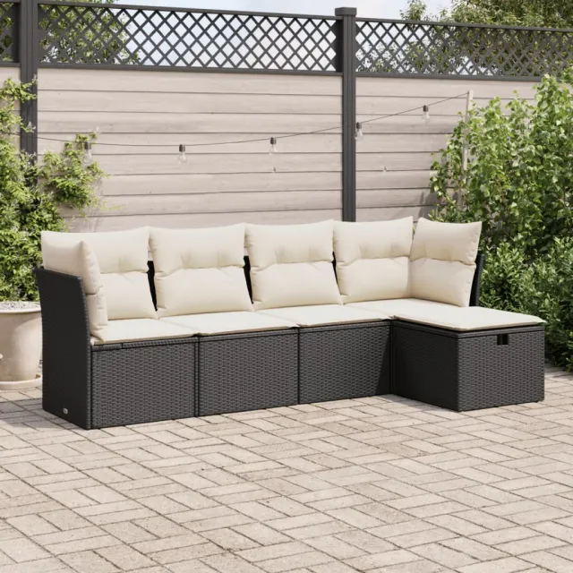 vidaXL 5-delige Loungeset met kussens poly rattan zwart, foto 2