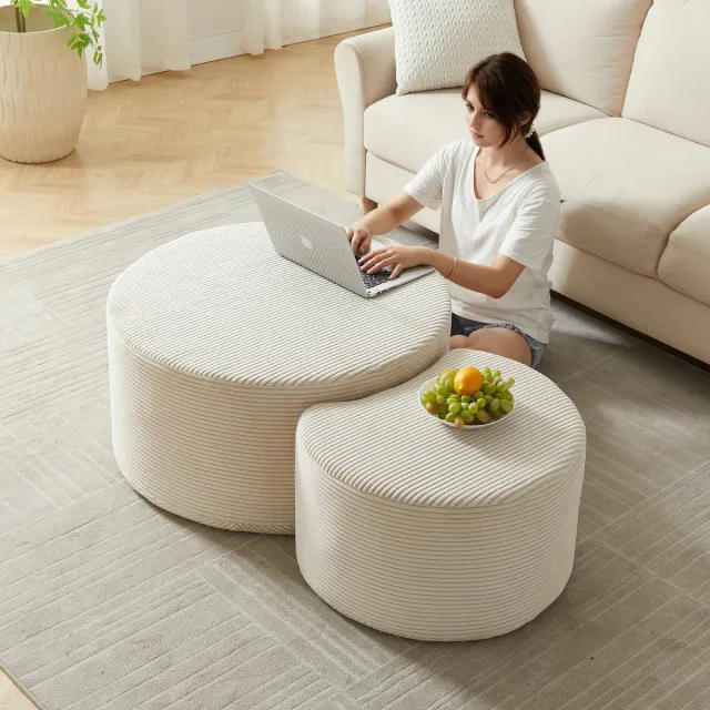 VVBV Set van 2 salontafels, ronde gestoffeerde salontafels, set van 2 voor de woonkamer, moderne ronde salontafel van schuimrubber, bijzettafel, poef, geen montage nodig Beige