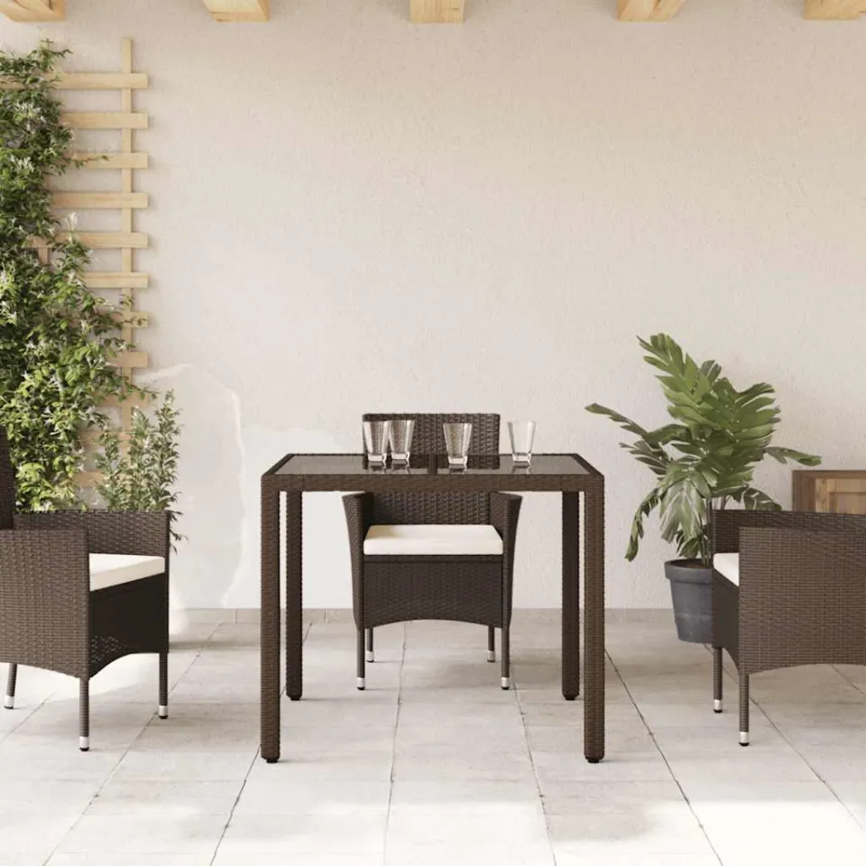 vidaXL Tuintafel met glazen blad 90x90x75 cm poly rattan bruin, foto 3