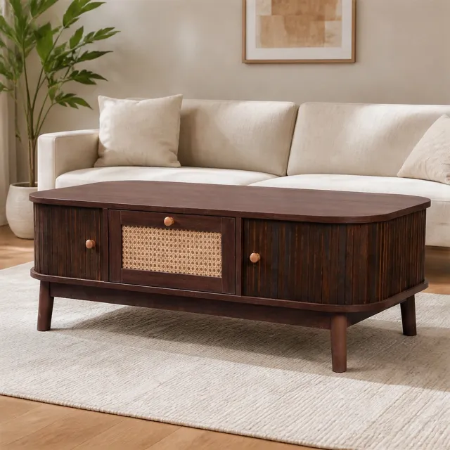 City long dragon LONG DRAGON - Salontafel - natuurlijk - MDF met rotanlades, schuifdeuren en verborgen opbergruimte