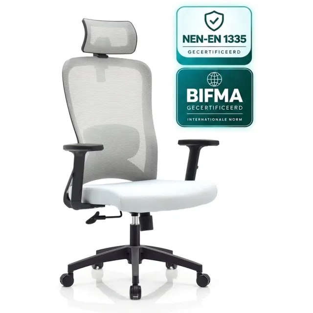 OfficeSense OS140 Ergonomische Bureaustoel – NEN1335 – 2D Hoofdsteun – Kantelbaar – Mesh Rugleuning – Grijs – Volwassenen