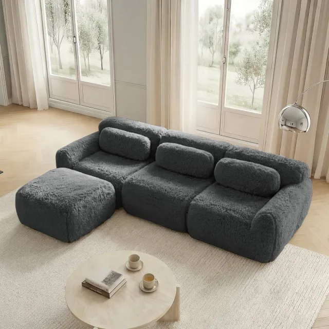 REDOM Modulaire Hoekbank (3-Zits) – Ruime Loungebank van Pluche met Verbindbare Ottoman – Zachte Bank zonder Montage – Grijs – 291 x 179 x 73 cm