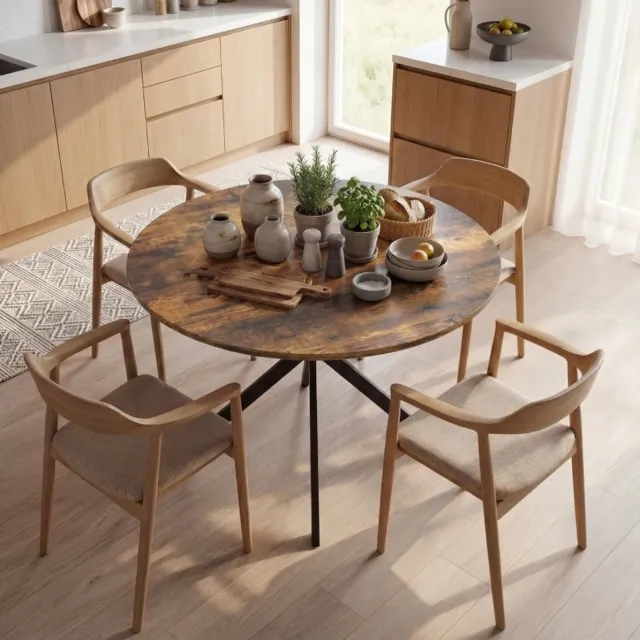 FloraGrace Ronde Eettafel - Industriële Zwarte Stalen X-poten Voor 4 Personen - Keuken En Eetkamer - Hout - 100 x 100 x 75 Cm - Rustiek Bruin