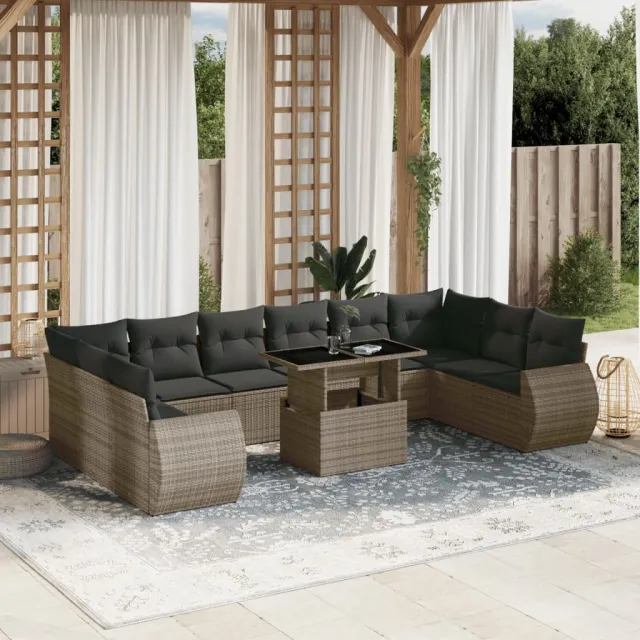 vidaXL 11-delige Loungeset met kussens poly rattan grijs, foto 2