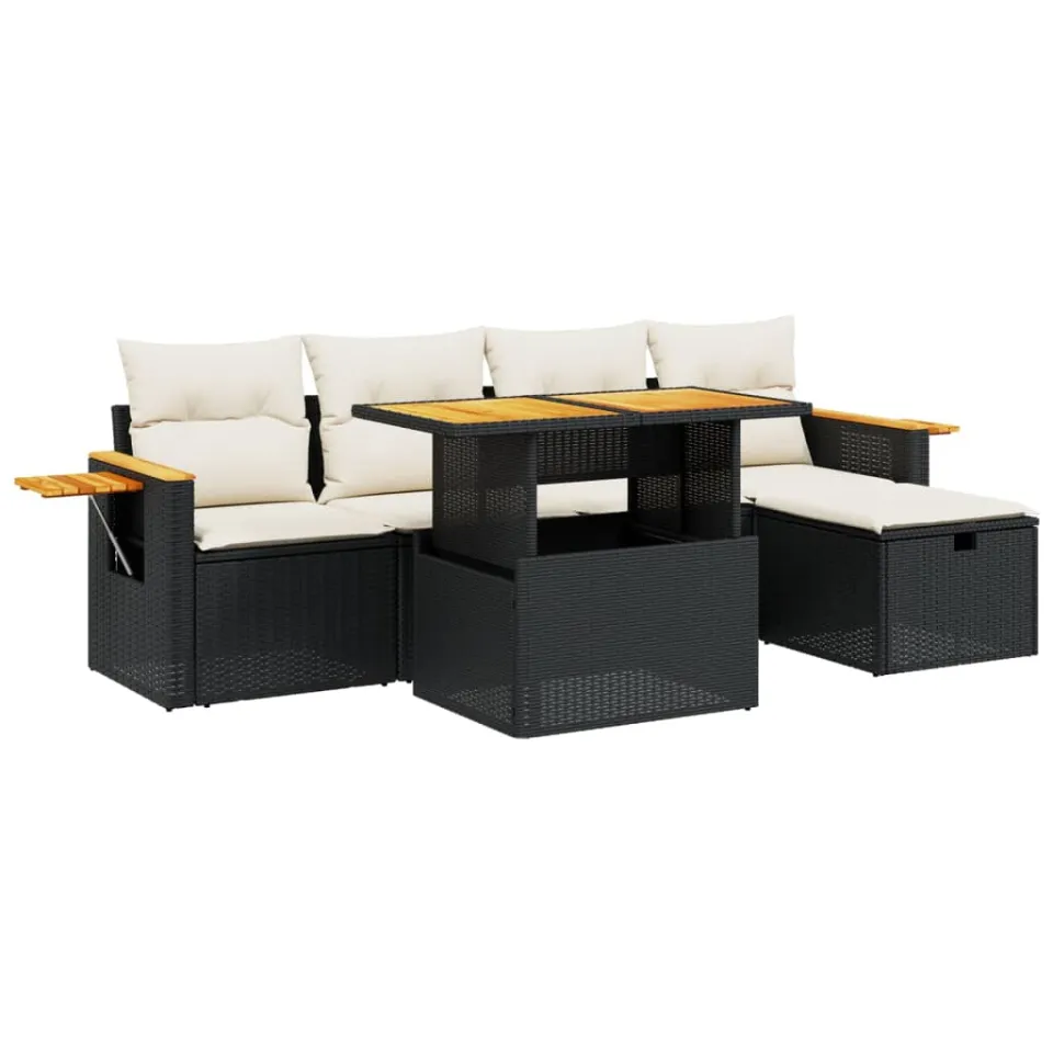 vidaXL 6-delige Loungeset met kussens poly rattan zwart