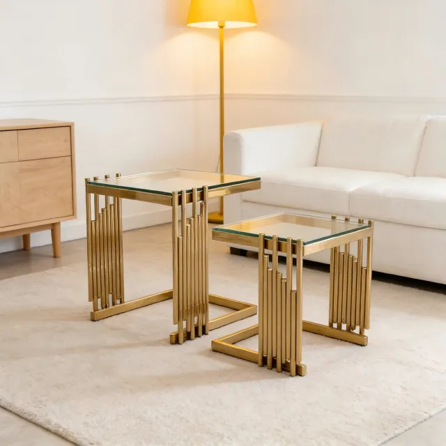 DESMIU Bijzettafel Set - 2 Delige Vierkante Tafel Met Gehard Glas En Goud Rvs Frame - Voor Woonkamer Slaapkamer En Balkon - Goud Transparant - 41x41x46 Cm Gold+Clear