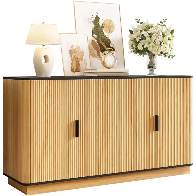 Clruro Dressoir - 4 Deuren - Verticale Geribbelde Front - Houtlook - Opbergruimte voor Woonkamer, Hal, Eetkamer - Houtmateriaal - Naturel