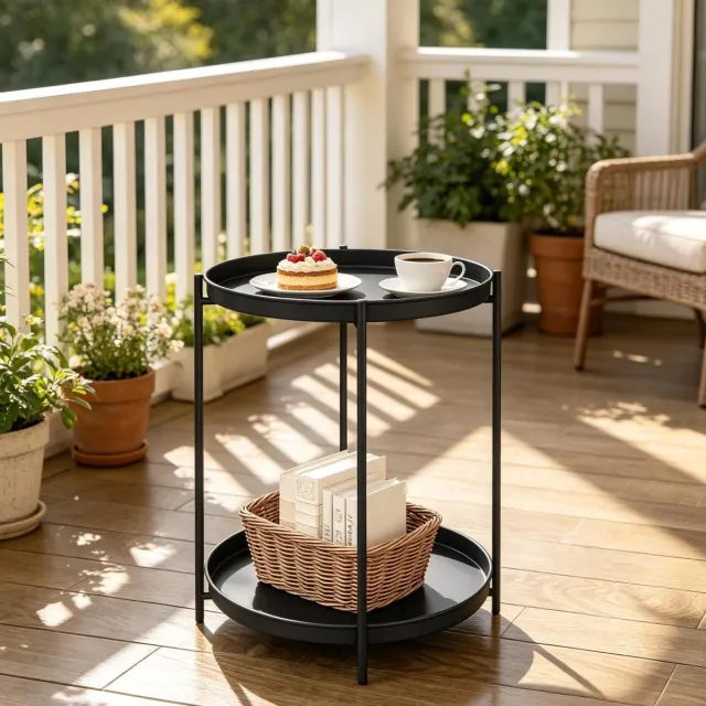 HAUSS SPOLE Bijzettafel - Ronde Tafel Met 2 Afneembare Metalen Bladen - Voor Woonkamer Slaapkamer Of Balkon - Metaal - 44x44x53 Cm - Zwart Black