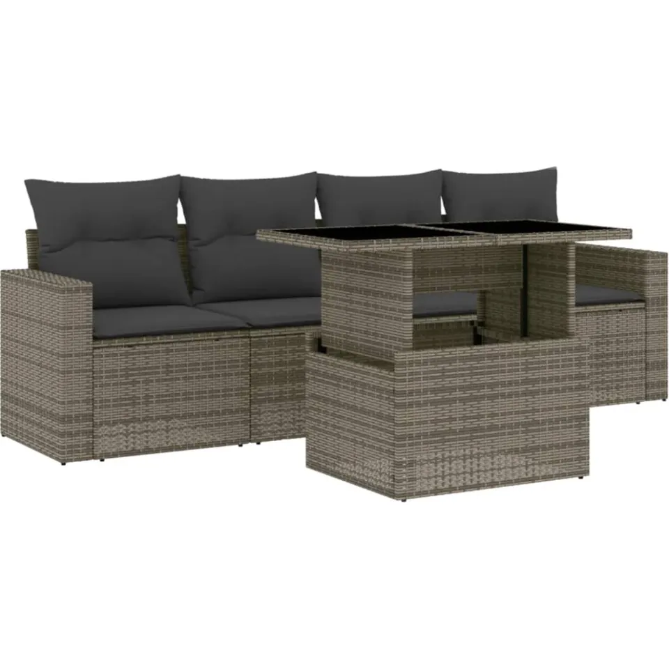 vidaXL 5-delige Loungeset met kussens poly rattan grijs, foto 3