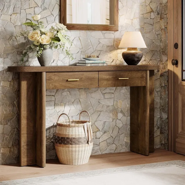 Tribesigns Consoletafel - met 2 lades - MDF - Bruin - Industrieel - 160 x 30 x 82 cm - Ovaal Gebogen Console Tafel voor Hal, Woonkamer, Entree