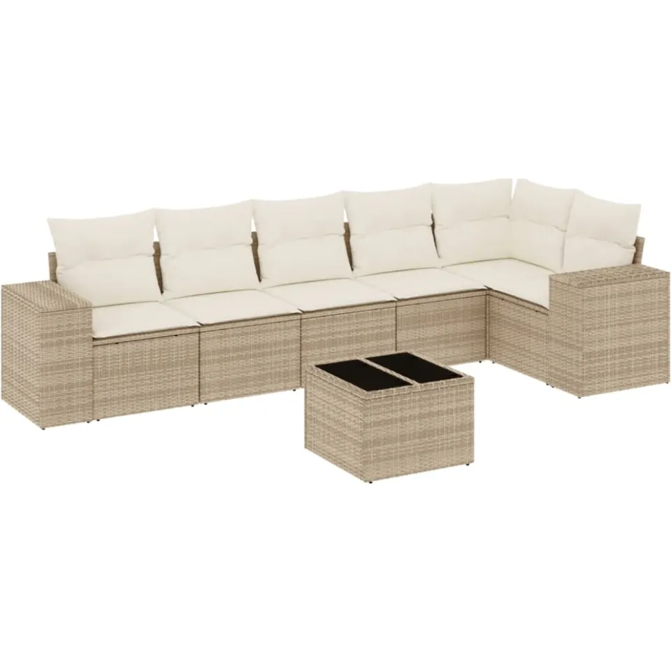 vidaXL 7-delige Loungeset met kussens poly rattan beige, foto 4
