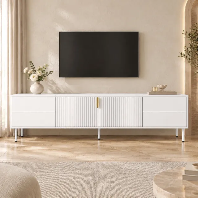 Maisentiel Wit tv-meubel 180 cm met 4 lades, geribbelde deuren en kabeldoorvoer