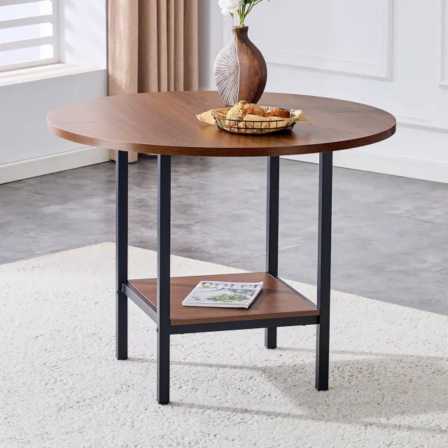REDOM Ronde Eettafel Met Opbergplank - Minimalistisch - Voor Eetkamer Of Keuken - MDF En Metaal - Walnootkleur - 100 X 100 X 77 Cm Walnut