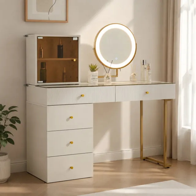DantefHandels Kaptafel Set met spiegel met ledverlichting, transparant tafelblad van gehard glas, kaptafel-Seite en kast, elegante Möbel, wit golden,wit