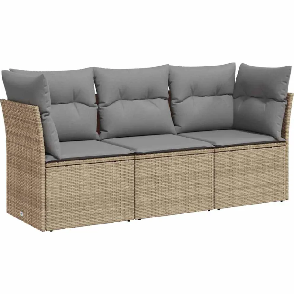 vidaXL 3-delige Loungeset met kussens poly rattan beige, foto 3