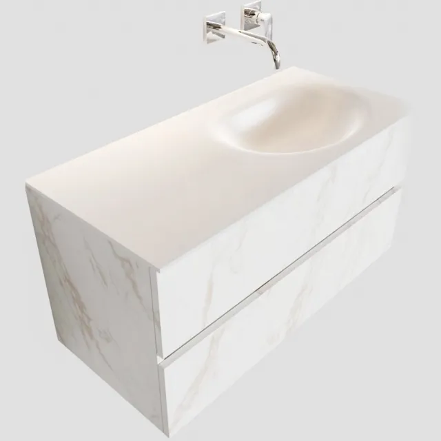 Boss & Wessing Badkamermeubel BWS Madrid Carrara Mat 100 cm Solid Surface Wastafel Rechts (0 kraangaten, 2 lades)