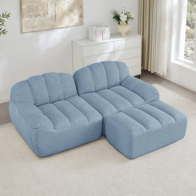 Wishdor Modulaire Hoekbank - Diepe Zitting En Ottomaan - Schelpvormig Ontwerp - Voor Woonkamer - Korrelfleece - Blauw - 2-Zits