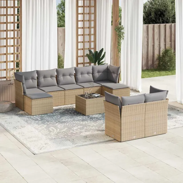 vidaXL 10-delige Loungeset met kussens poly rattan beige, foto 2