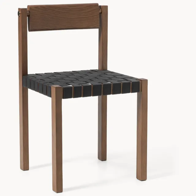 Westwing Collection Houten stoel Liza met leren zitvlak Zwart