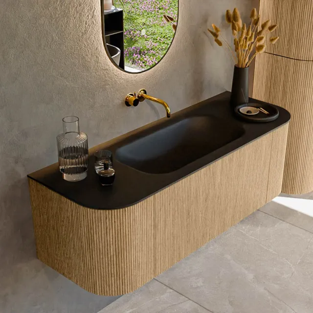 Mondiaz KURVE 130 cm Onderkast Greeploos 1 Lade Met Deuren Oak, Wastafel Solid Surface Midden Urban 0 Kraangaten Zonder Spiegel (KRVBGS130L+R1L2D0KM-Oak/Urb)