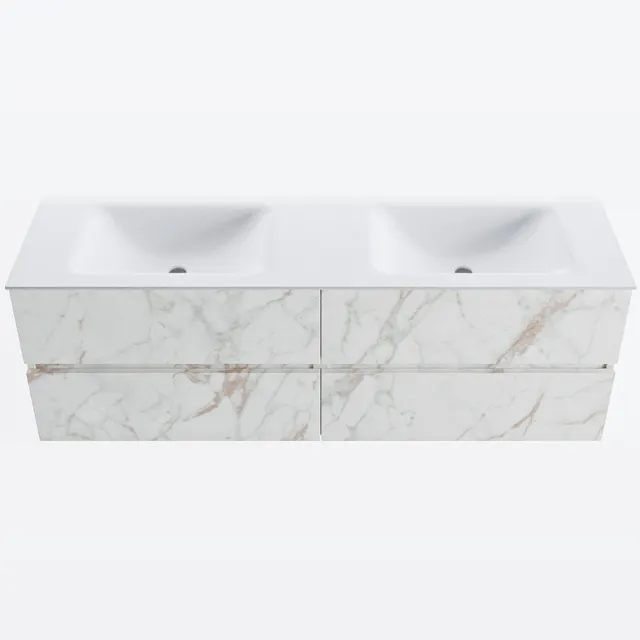 Mondiaz VICA 150cm badmeubel onderkast Carrara 4 lades. Wastafel CLOUD dubbel zonder kraangat, kleur Talc. Cararra