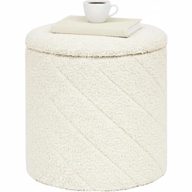 Famanu Ronde poef met opbergruimte, inklapbare voetenbank met deksel, voor woonkamer, slaapkamer en entree, wit, 33 x 33 x 35 cm