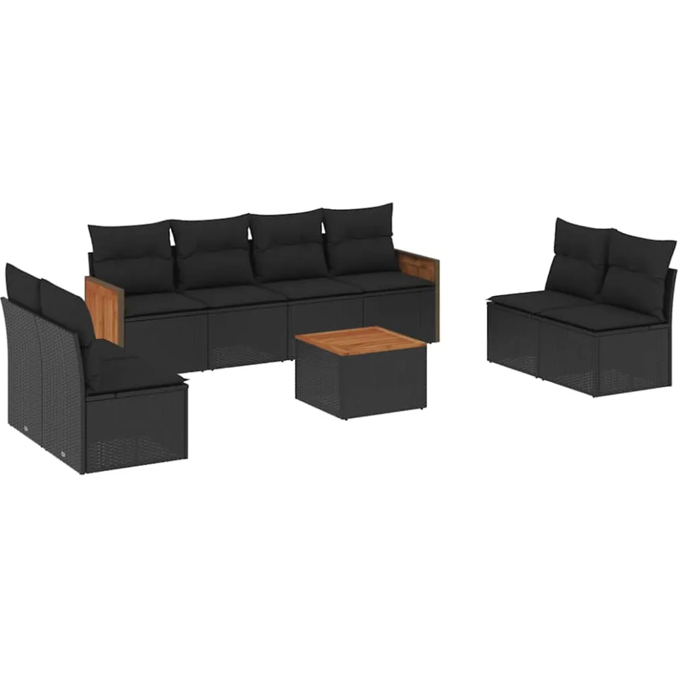 vidaXL 9-delige Loungeset met kussens poly rattan zwart, foto 3