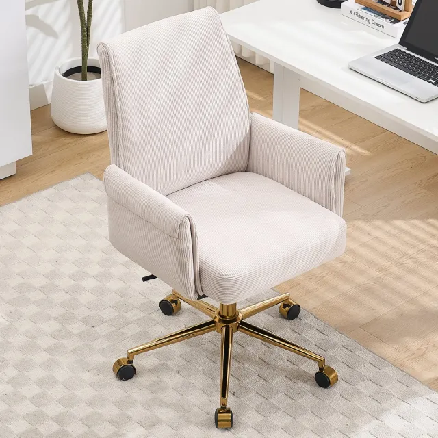 Wishdor Bureaustoel - Hoogteverstelbaar draaibaar met wielen - Middenhoge rugleuning armleuningen ribstof - Wit goudkleurige basis ergonomisch voor werk en studie