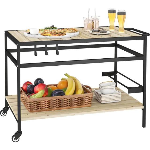MakkelijkMooi BBQ Tafel met Wieltjes - Bijzettafel Buiten - 2 Opbergplanken - Handige Ophanghaken - Geïntegreerde Flessenhouder Naturel & Zwart