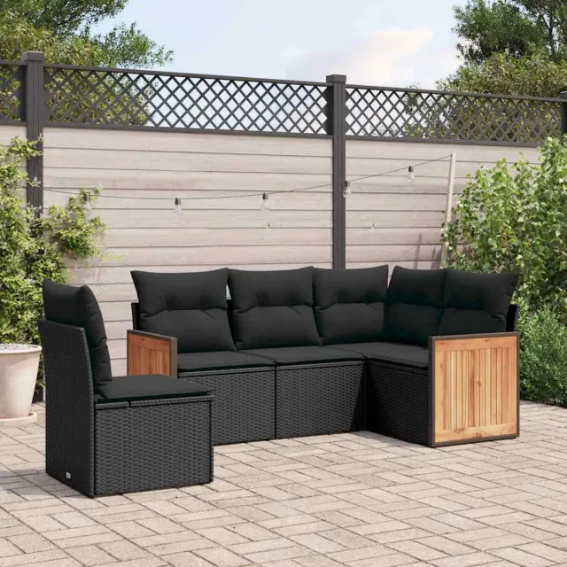 vidaXL 5-delige Loungeset met kussens poly rattan zwart, foto 2