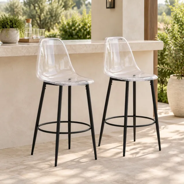 CHICFURN Barkruk - Set van 2 - Rugleuning - Metalen poten - Zwart transparant