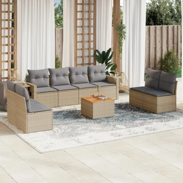 vidaXL 9-delige Loungeset met kussens poly rattan gemengd beige, foto 2