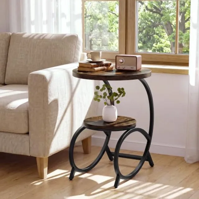 Little Trees LITTLE TREE C‑Vormige Bijzettafel - Met 2 planken - Ronde tafel van hout en metaal - Industriële stijl - Nachtkastje voor Woonkamer, Slaapkamer en Kleine Ruimtes - Bruin
