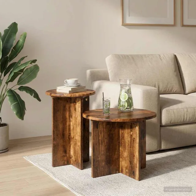 vidaXL Bijzettafelset 2 st Gerookt eiken Ø 45 x 35 cm Bewerkt hout Bruin