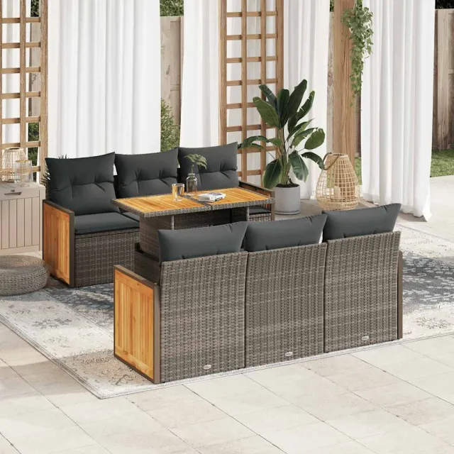 vidaXL 7-delige Loungeset met kussens poly rattan acacia grijs, foto 2