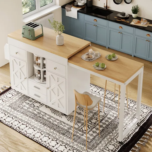 MEUNIQ Uitschuifbare bartafel 110-180 x 40 x 91 cm met 4 lades, verstelbare planken, 360° draaibare organizer, rollen en handdoekhouder voor keuken of eetkamer, wit
