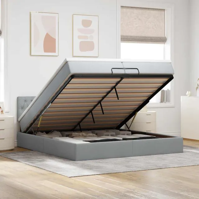 vidaXL Ottoman bed met matrassen en LED's 200x200cm stof lichtgrijs grijs