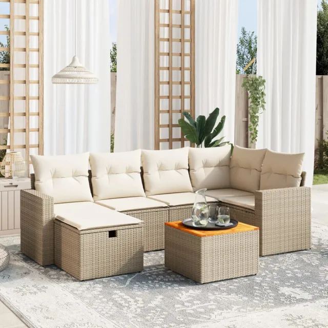 vidaXL 7-delige Loungeset met kussens poly rattan beige, foto 2