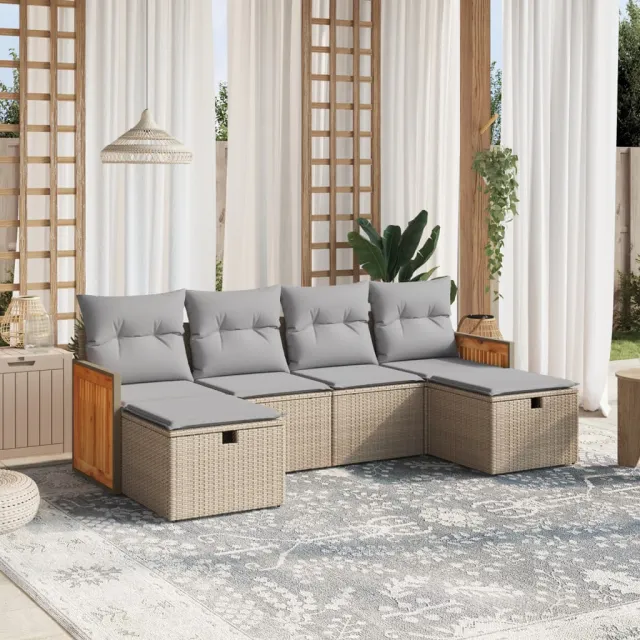 vidaXL 6-delige Loungeset met kussens poly rattan gemengd beige, foto 2