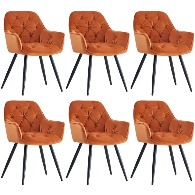 Whoopr® Set van 6 Fluwelen Eetkamerstoelen met Armleuningen – Gestoffeerde Stoelen met Dikke Zitting en Rugleuning – Moderne Accentstoelen met Metalen Poten – Voor Eetkamer, Woonkamer & Lounge oranje