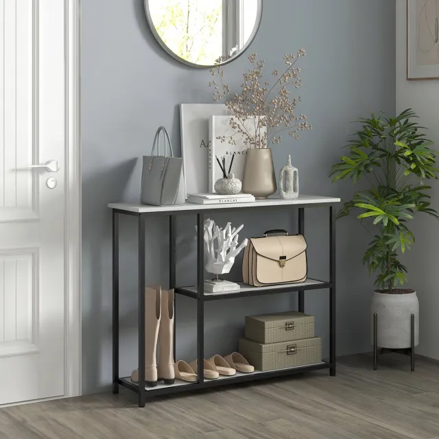 MEUNIQ Sidetable 100 x 30 x 80 cm met 2 open legplanken, stalen frame en kantelbeveiliging, moderne consoletafel voor hal, entree of woonkamer, wit