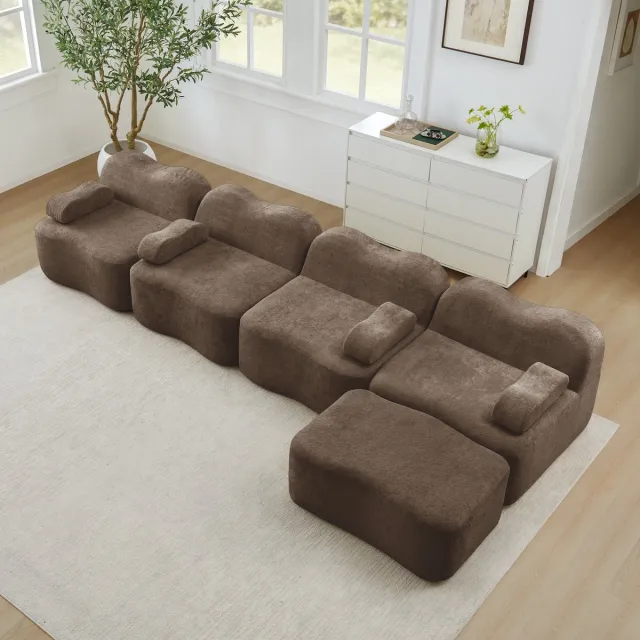 MODENUIT Hoekbank 4-Zits - Modulair Met Hocker En Golfvorm - Voor Woonkamer En Appartement - Fluweel Bruin