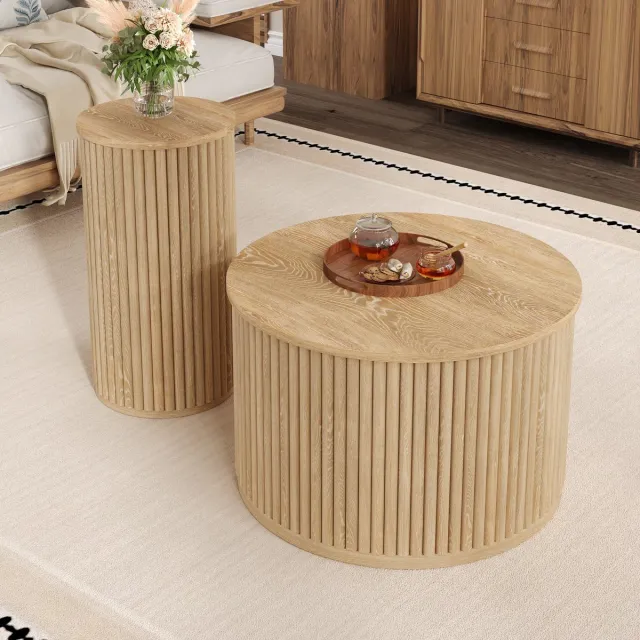 MODENUIT Salontafel Set - Dubbele Ronde Tafels Met Verticale Strepen - Voor Woonkamer - MDF Naturel - 60x60x38,5 cm Natuurlijk